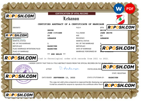 Lebanon marriage certificate Word and PDF template, completely editable