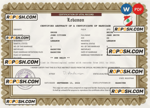 Lebanon marriage certificate Word and PDF template, completely editable