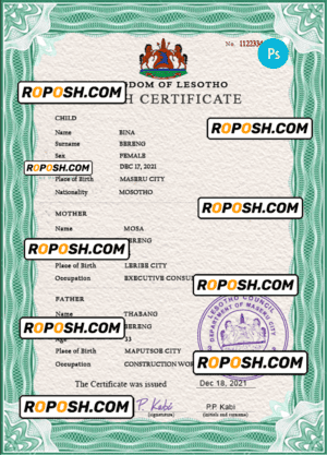 Lesotho vital record birth certificate PSD template