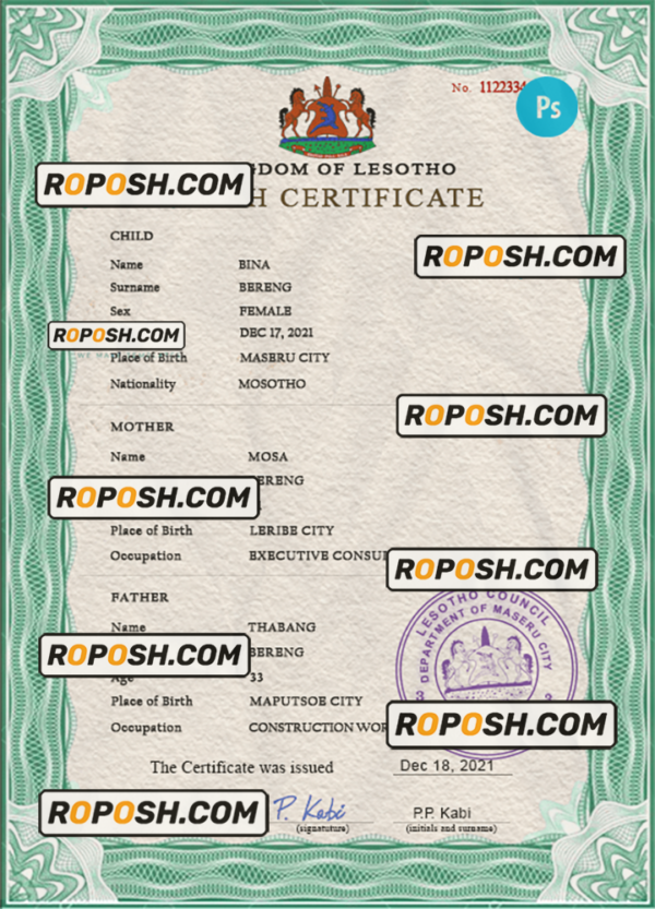 Lesotho vital record birth certificate PSD template scan effect