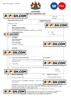 Lesotho birth certificate Word and PDF template, completely editable
