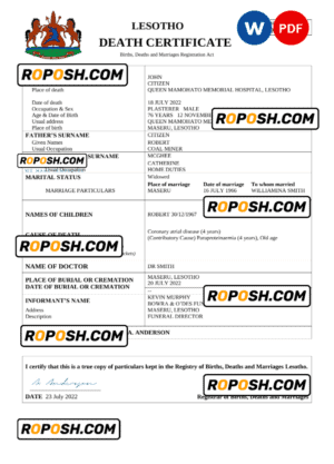 Lesotho vital record death certificate Word and PDF template
