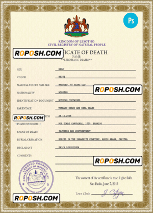 Lesotho vital record death certificate PSD template