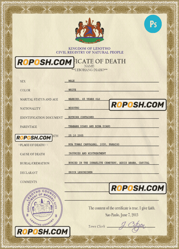 Lesotho vital record death certificate PSD template
