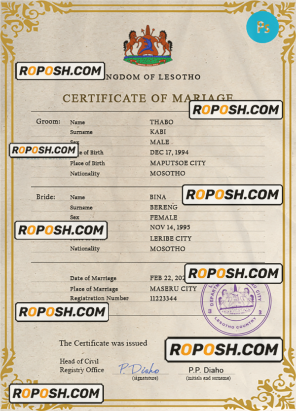 Lesotho marriage certificate PSD template, fully editable scan effect