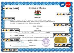 Lesotho marriage certificate Word and PDF template, fully editable