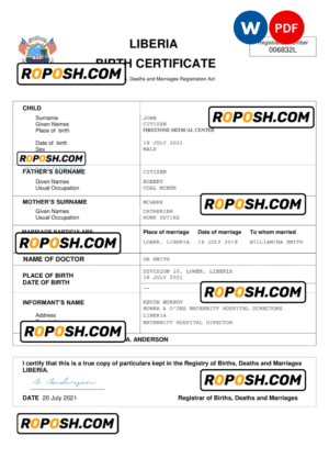 Liberia vital record birth certificate Word and PDF template, completely editable