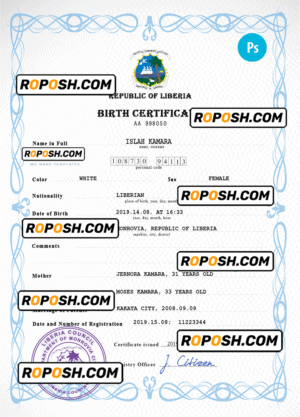 Liberia vital record birth certificate PSD template, completely editable