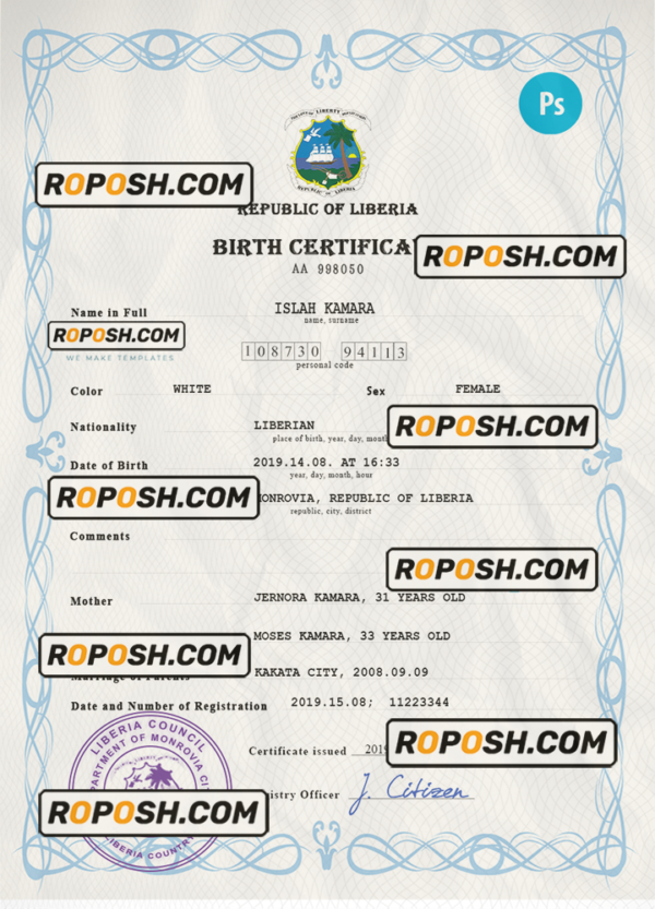 Liberia vital record birth certificate PSD template, completely editable scan effect