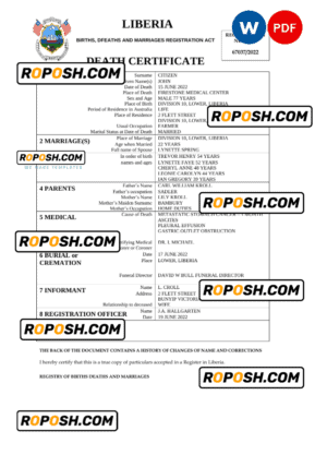 Liberia death certificate Word and PDF template, completely editable