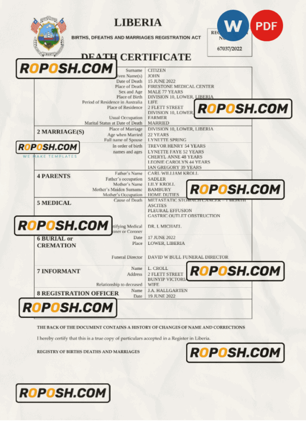 Liberia death certificate Word and PDF template, completely editable
