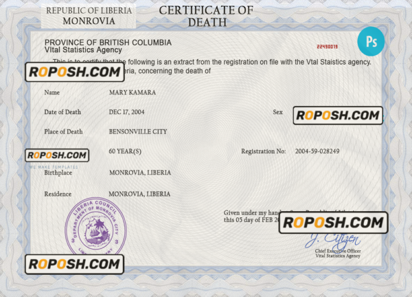 Liberia death certificate PSD template, completely editable scan effect