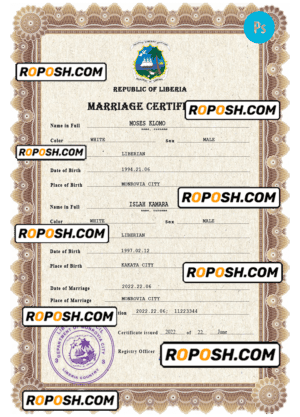 Liberia marriage certificate PSD template, completely editable