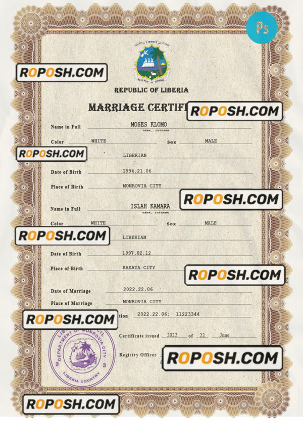 Liberia marriage certificate PSD template, completely editable scan effect