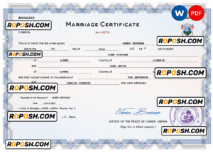 Liberia marriage certificate Word and PDF template, completely editable