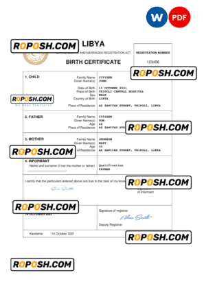Libya birth certificate Word and PDF template, completely editable