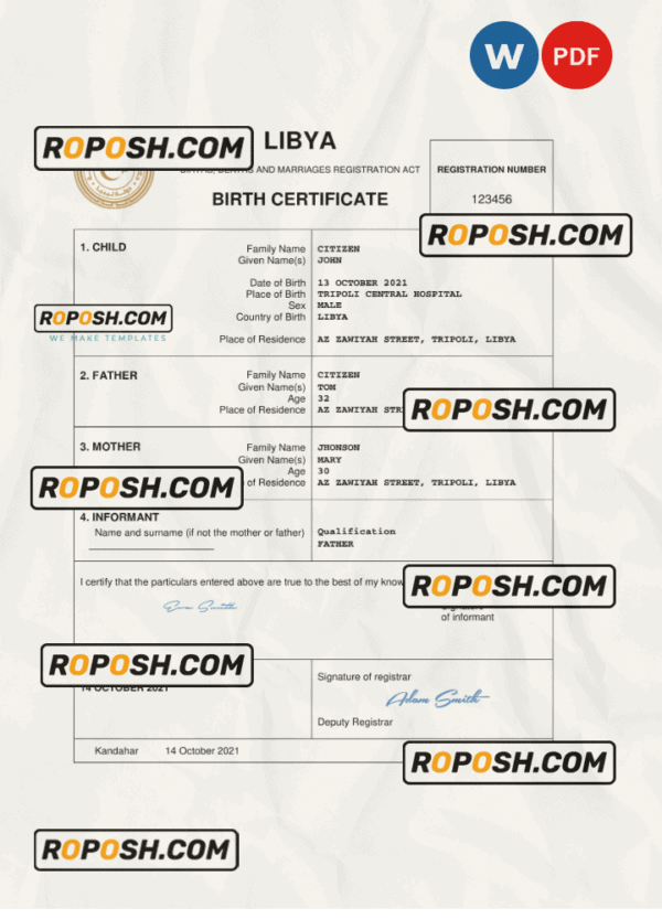 Libya birth certificate Word and PDF template, completely editable