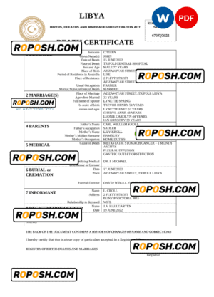Libya death certificate Word and PDF template, completely editable