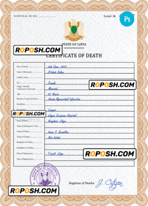 Libya vital record death certificate PSD template, fully editable