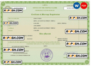 Libya marriage certificate Word and PDF template, fully editable