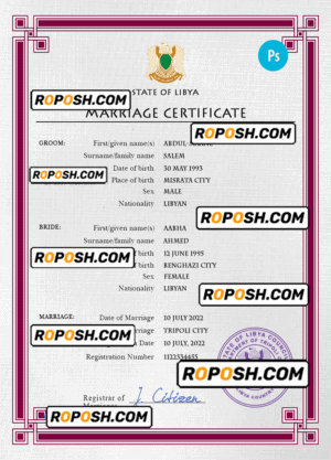 Libya marriage certificate PSD template, fully editable