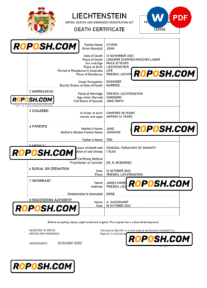 Liechtenstein vital record death certificate Word and PDF template