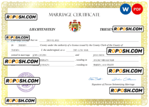 Liechtenstein marriage certificate Word and PDF template, completely editable