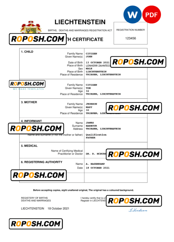 Liechtenstein vital record birth certificate Word and PDF template, completely editable