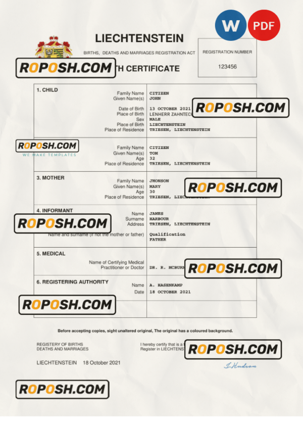 Liechtenstein vital record birth certificate Word and PDF template, completely editable scan effect