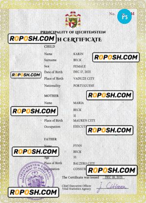 Liechtenstein vital record birth certificate PSD template, fully editable