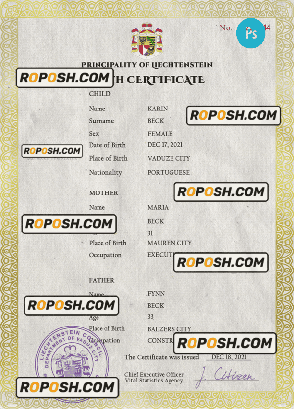 Liechtenstein vital record birth certificate PSD template, fully editable