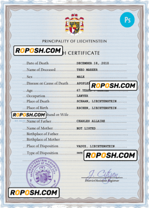Liechtenstein vital record death certificate PSD template