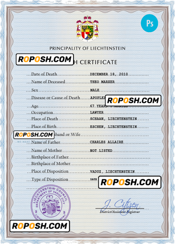 Liechtenstein vital record death certificate PSD template