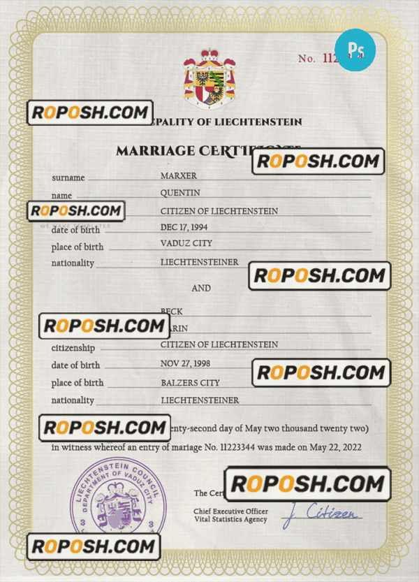 Liechtenstein marriage certificate PSD template, completely editable