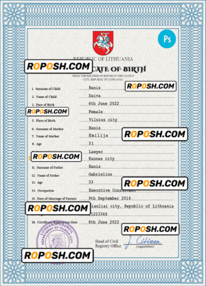Lithuania vital record birth certificate PSD template