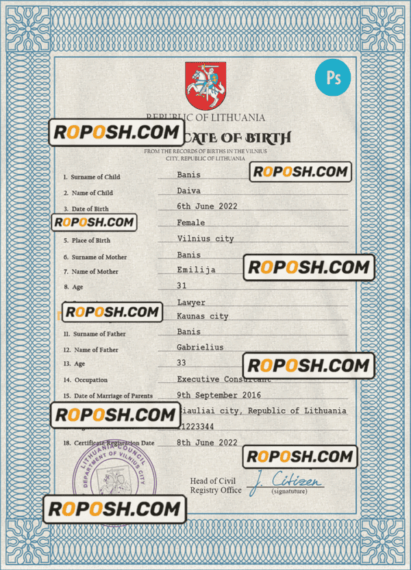 Lithuania vital record birth certificate PSD template