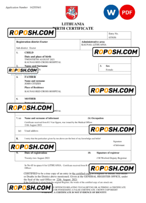 Lithuania birth certificate Word and PDF template, completely editable
