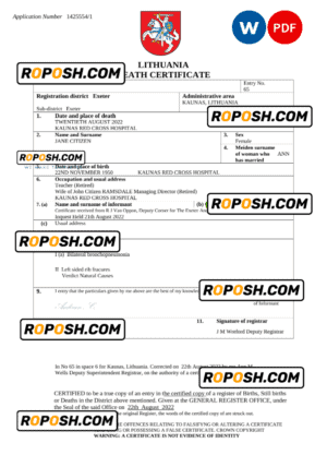 Lithuania vital record death certificate Word and PDF template