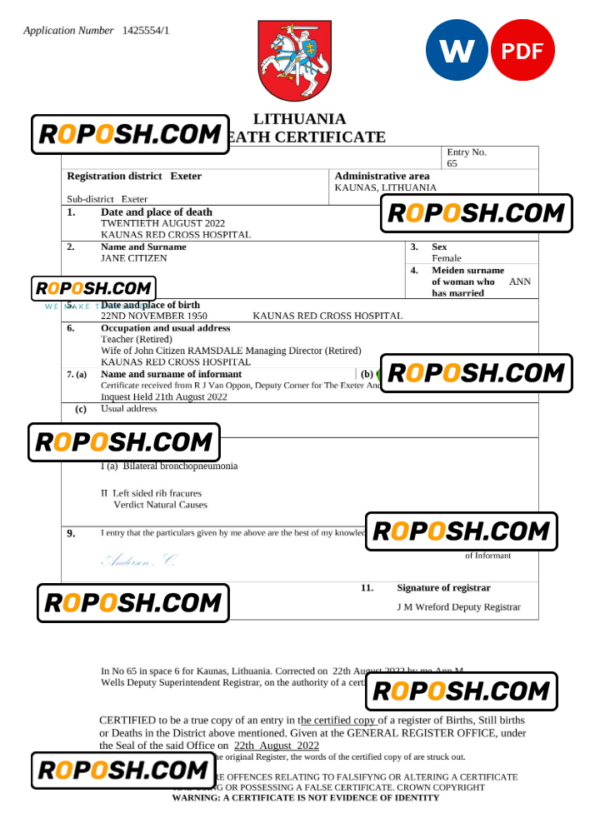 Lithuania vital record death certificate Word and PDF template