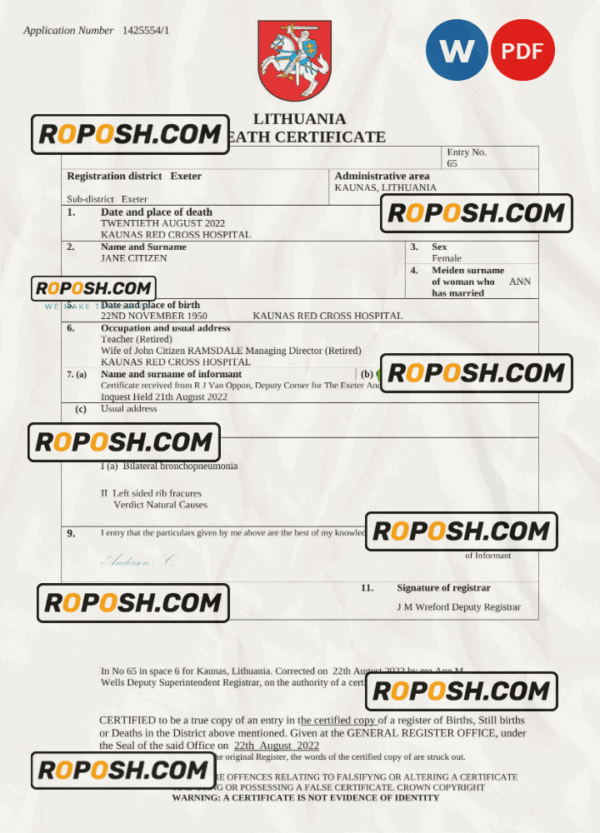 Lithuania vital record death certificate Word and PDF template