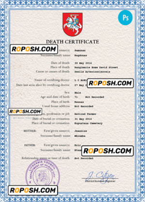 Lithuania death certificate PSD template, completely editable