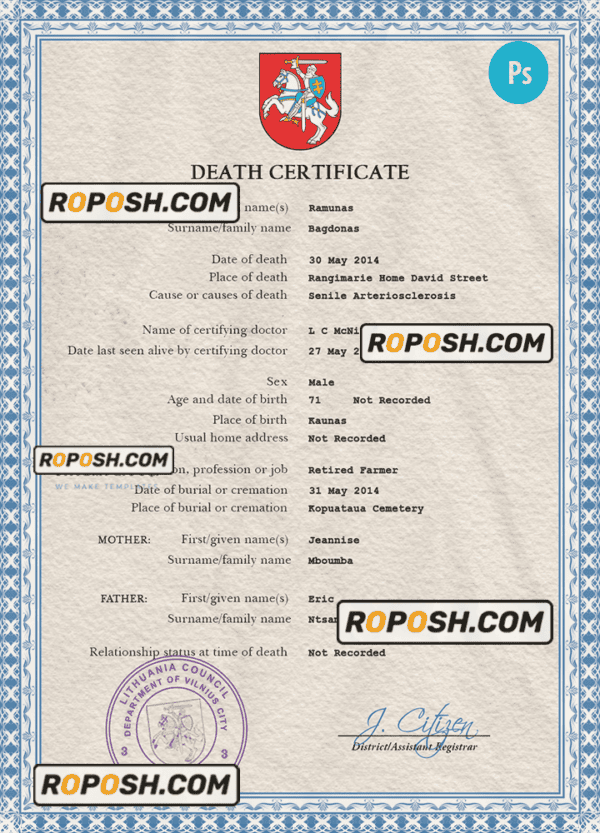 Lithuania death certificate PSD template, completely editable