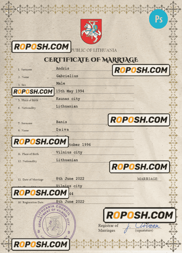 Lithuania marriage certificate PSD template, fully editable