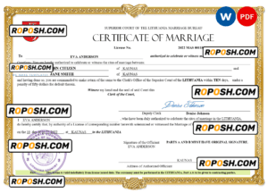 Lithuania marriage certificate Word and PDF template, fully editable