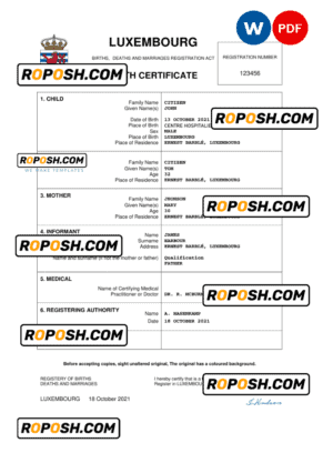 Luxembourg birth certificate Word and PDF template, completely editable