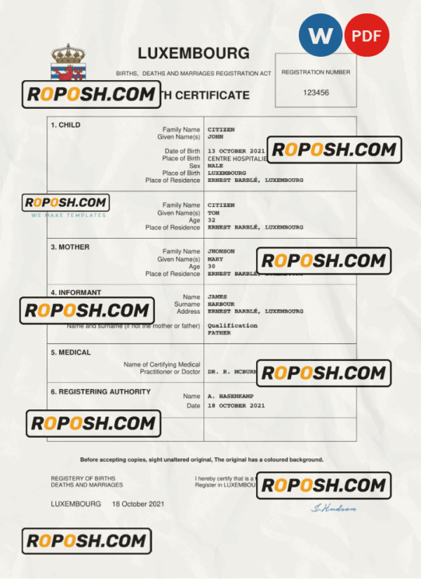 Luxembourg birth certificate Word and PDF template, completely editable