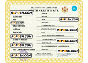 Luxembourg vital record birth certificate PSD template