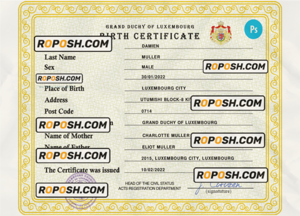 Luxembourg vital record birth certificate PSD template scan effect