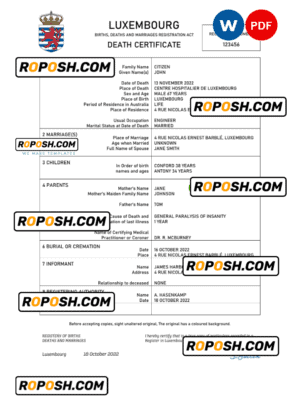 Luxembourg death certificate Word and PDF template, completely editable