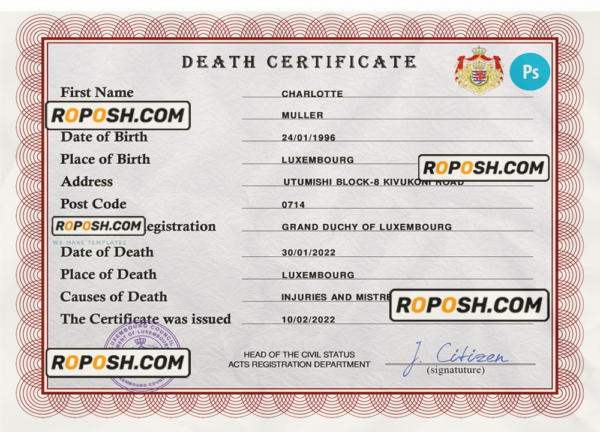 Luxembourg vital record death certificate PSD template scan effect